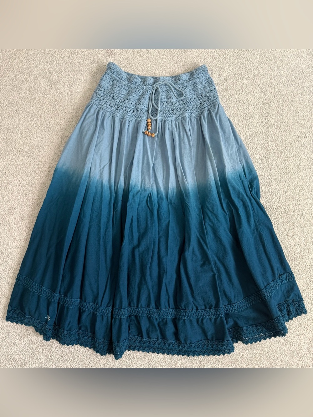 Lapis Blue Ombre Maxi Skirt with Lace Trim and Adjustable Waistband